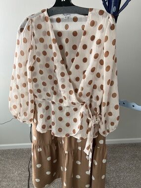 Polka Dot Wrap Blouse - Neutral Brown/White & Skirt .